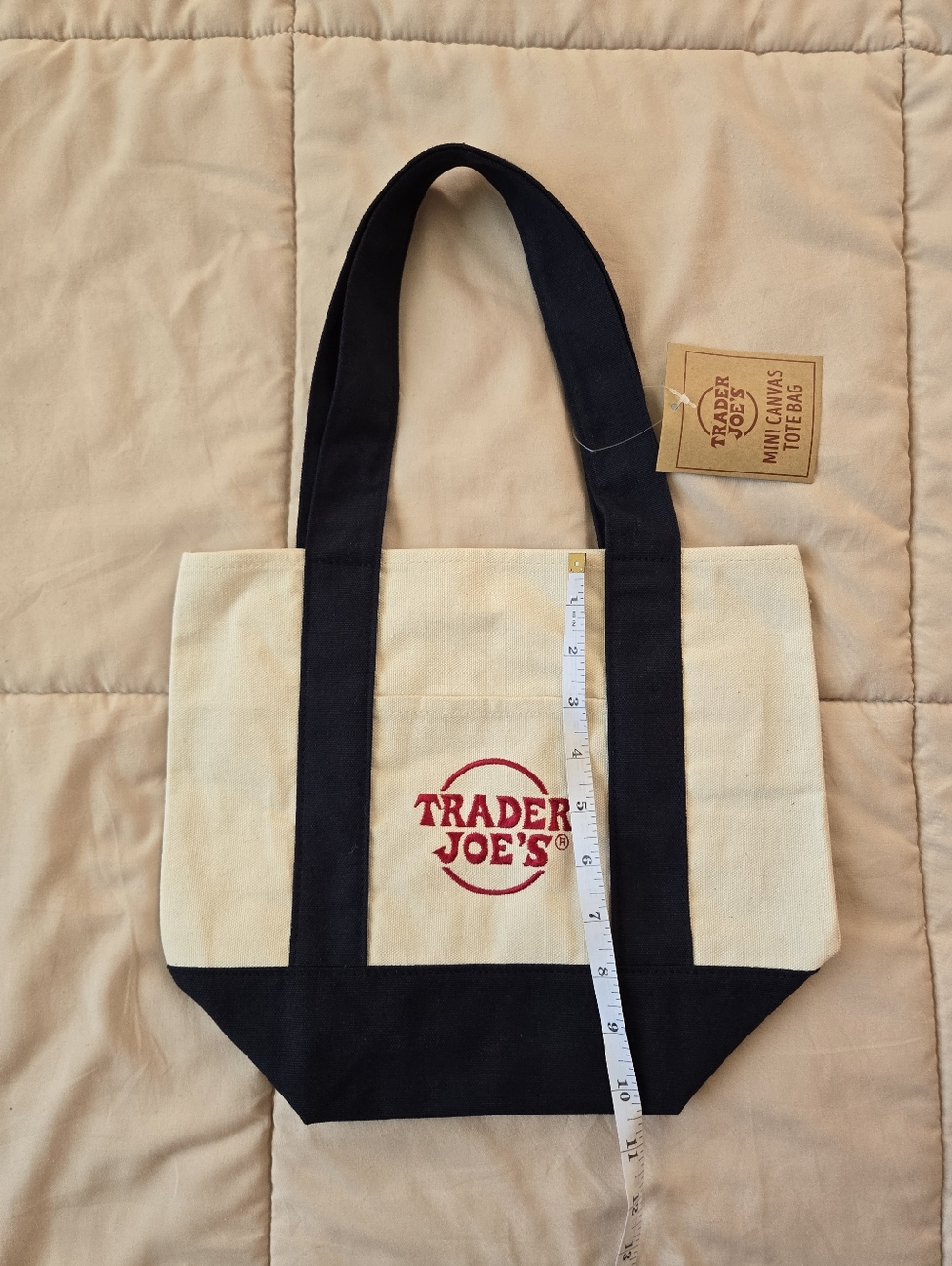 NWT Trader Joe's Mini Canvas Tote Bag, Natural Color, Navy Straps and Red Logo - Picture 5 of 6